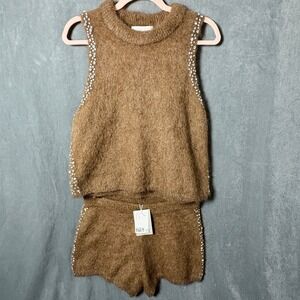 H&M Edition Mohair Blend Rhinestone Trim Knit Sweater Vest + Shorts Set Brown M